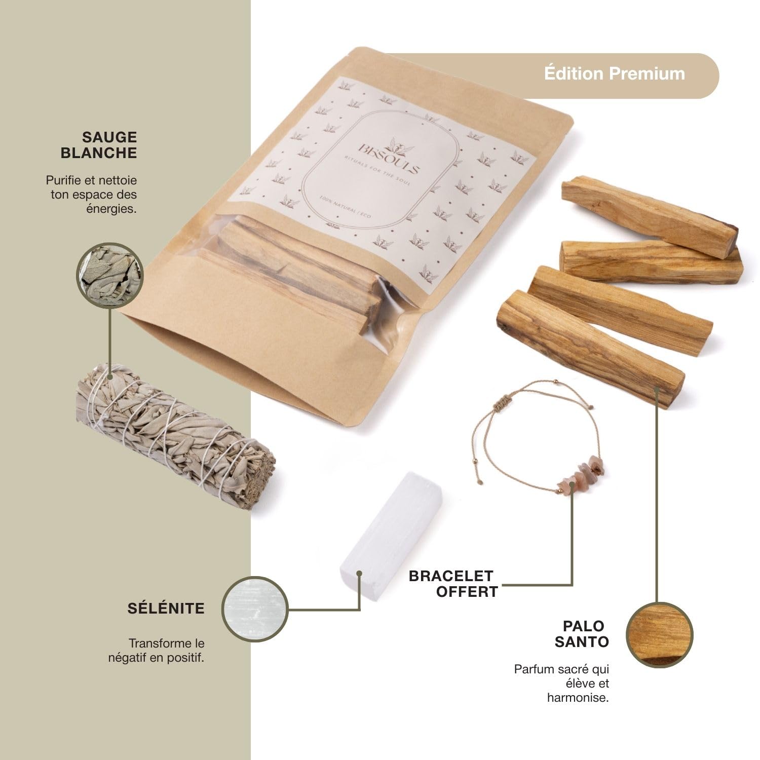Coffret Premium Rituel Nettoyage Énergétique Palo Santo Purification Sauge Blanche Bracelet Sélénite Maison