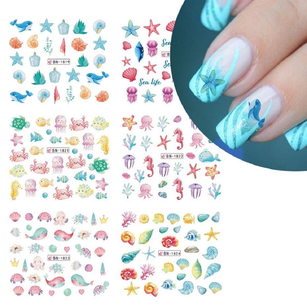12pcs Ocean Animal Summer Nail Water Decalcomanie Starfish Coral Reef Seaweed Sticker Sea Life Nails Art Transfer Slider