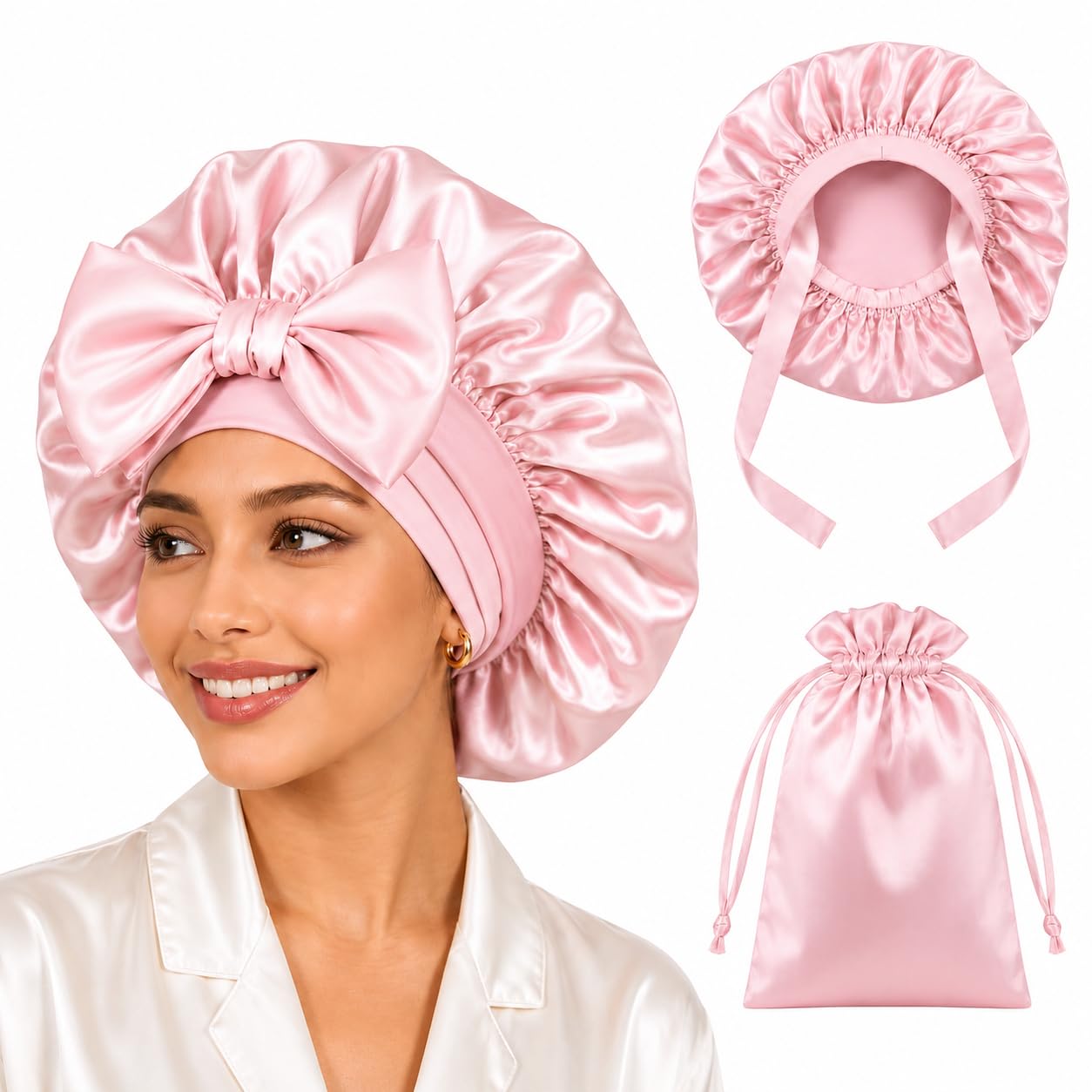 attune satin hair bonnet for sleeping with adjustable drawstring & bow | silk sleep cap with travel pouch for frizz control, hair protection