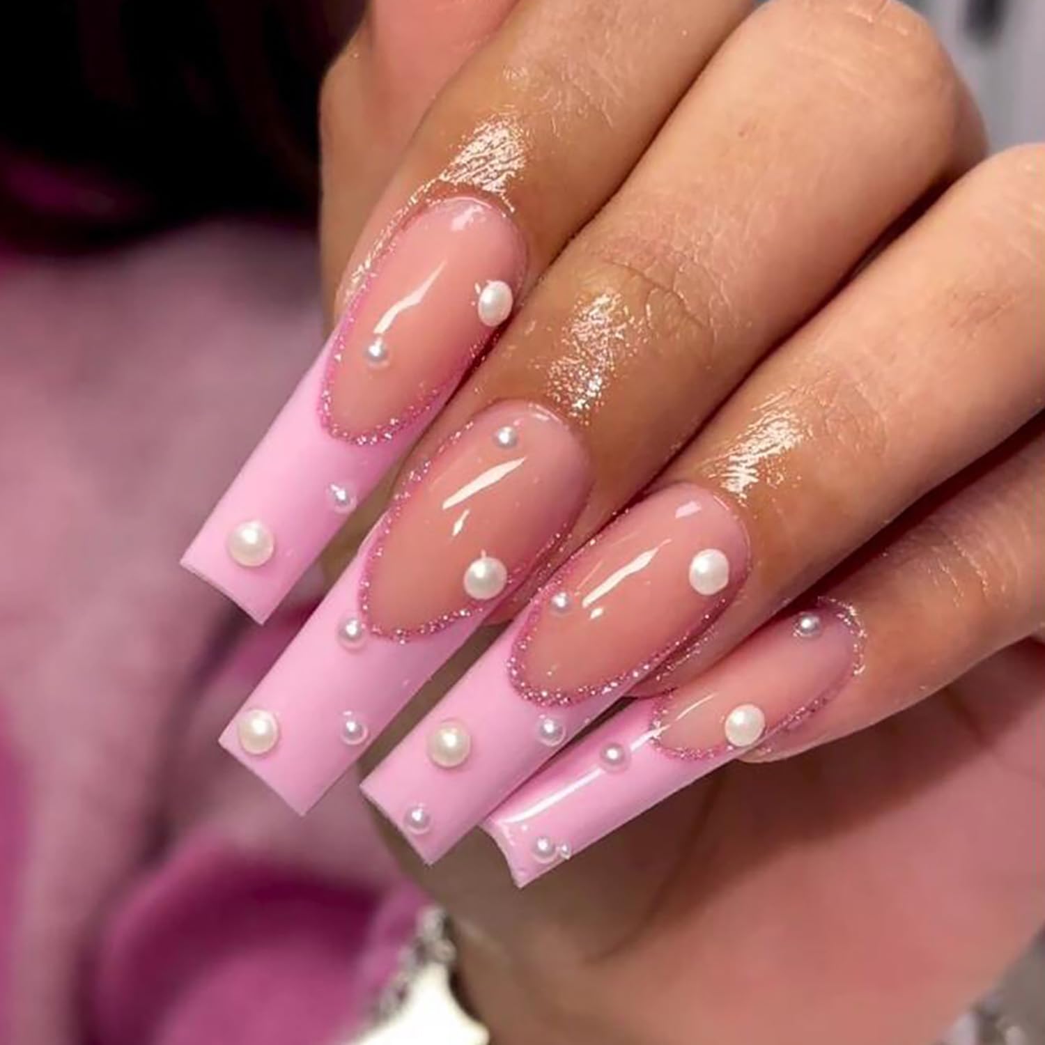 Vezocim Press on Nails Coffin Long French Tips Pink Glossy Full Cover Acrylic Square Fake Nails with Pearl Designs Extra Long Artificial False Nails
