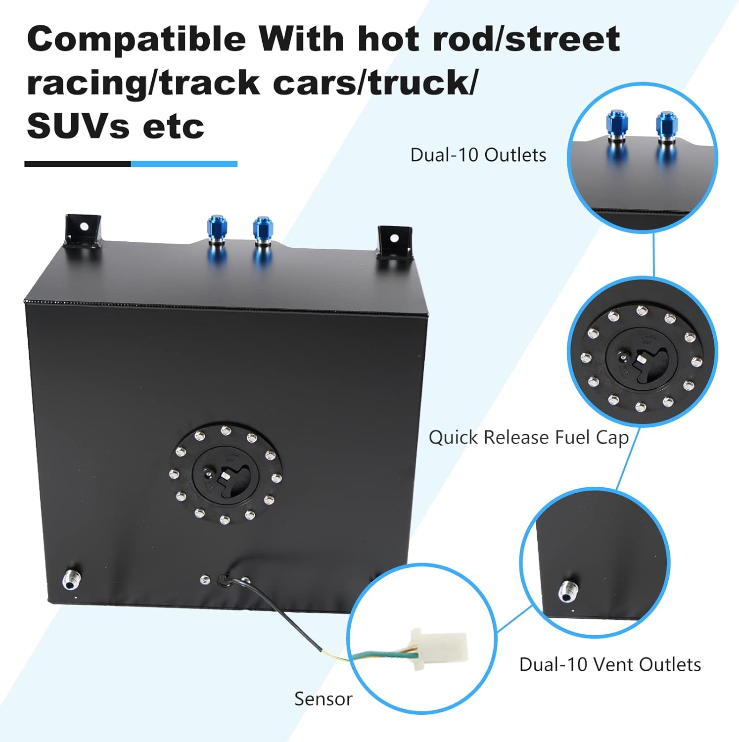 15 Gallon Fuel Cell Aluminum Polished with Cap Level Sender 60L Black