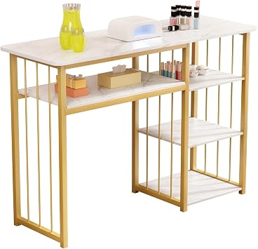Nail Table Station with Marbling Texture   Manicure Desk for Techs, Equipped with 4 Storage Shelves   Ideal for Beauty Salon & Spa Use  White