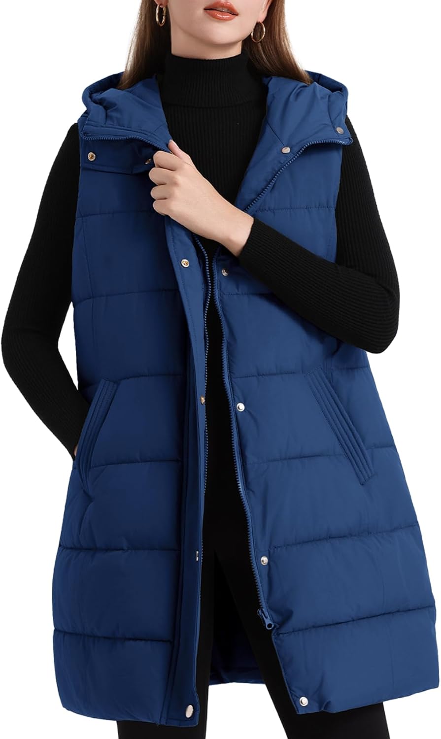 Flygo Long Puffer Vest Women Hooded Sleeveless Winter Jacket Button Zip Up Quilted Vest Padded Outerwear