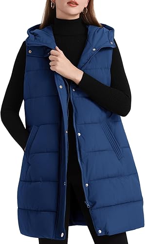 Flygo Long Puffer Vest Women Hooded Sleeveless Winter Jacket Button Zip Up Quilt