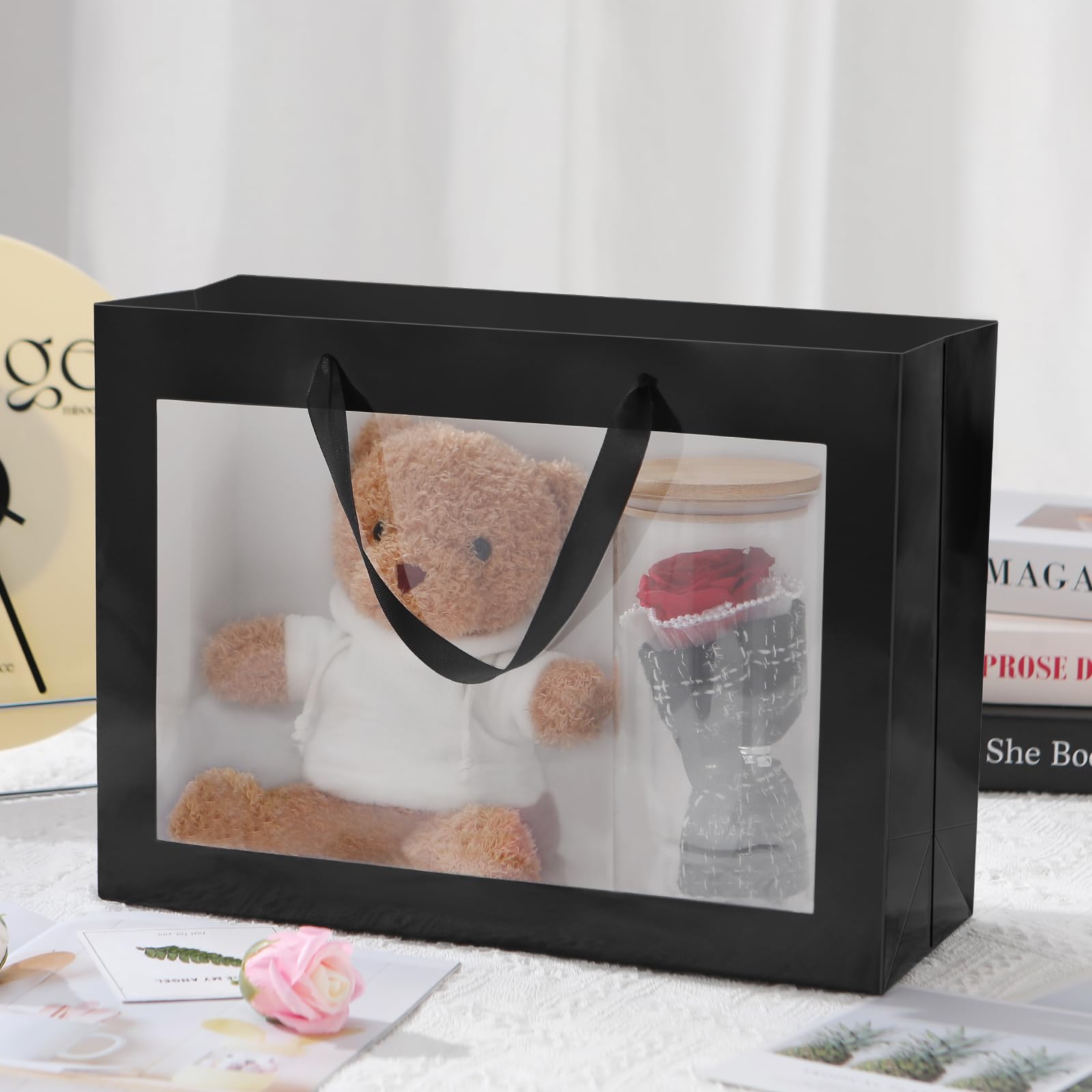 PACKQUEEN 12 czarnych torebek prezentowych z przezroczystym okienkiem, bardzo duże torebki na prezenty z uchwytami, na ślub, ukończenie szkoły, walentynki, Dzień Matki, festiwale, przyjęcie, prezent