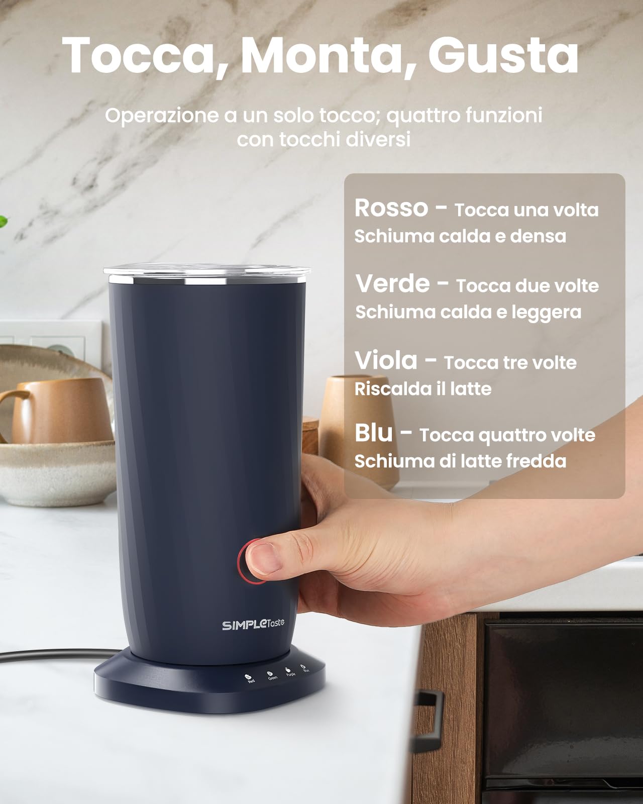 SIMPLETASTE Montalatte Elettrico 4 in 1, Cappuccinatore Elettrico Automatico per Schiuma Calda e Fredda, Scaldalatte per Cappuccino, Latte, Macchiato e Cioccolata Calda
