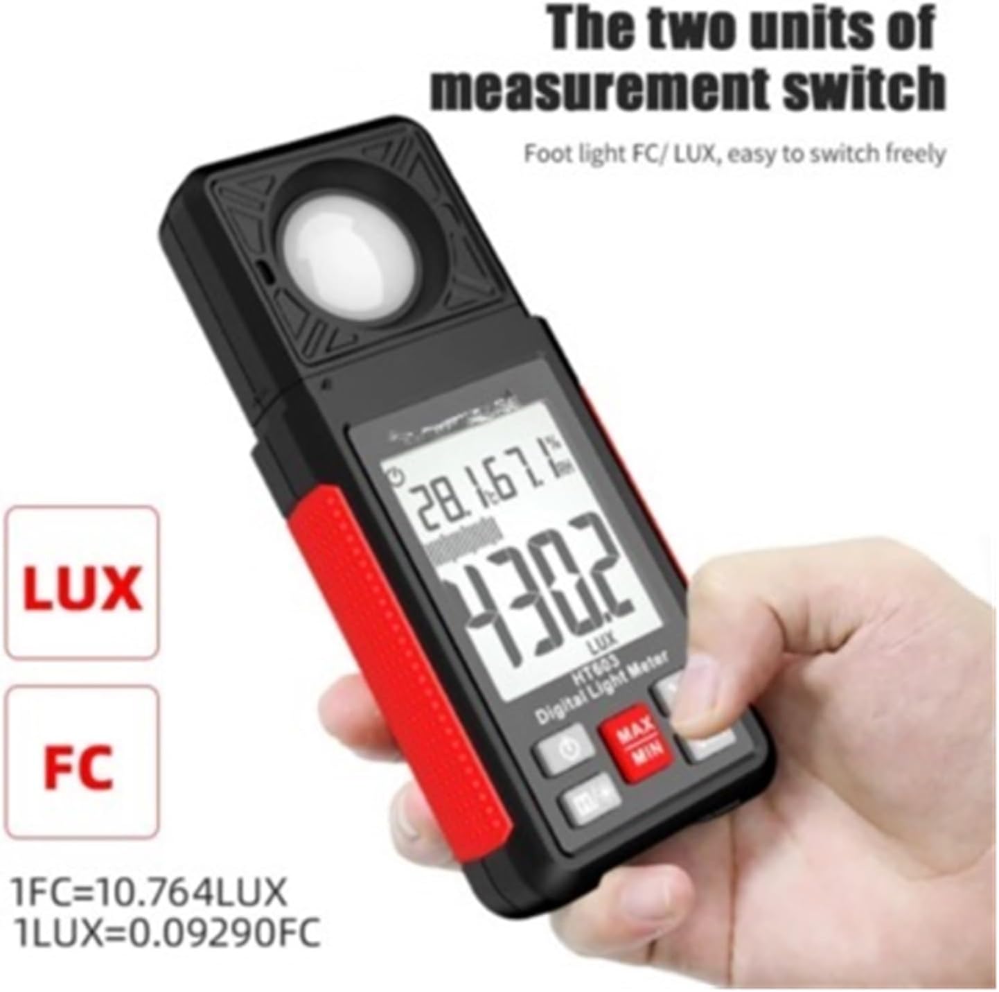 Light Meter, Digital Lux Meter 200,000 Lux Light Meter with FC/Lux Conversion