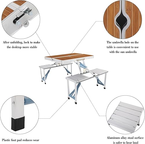 Miniatura 4 de WEI WEI GLOBAL Juego de mesa de picnic plegable portátil - Maleta de aluminio para exteriores con 4 asientos - Grano de madera