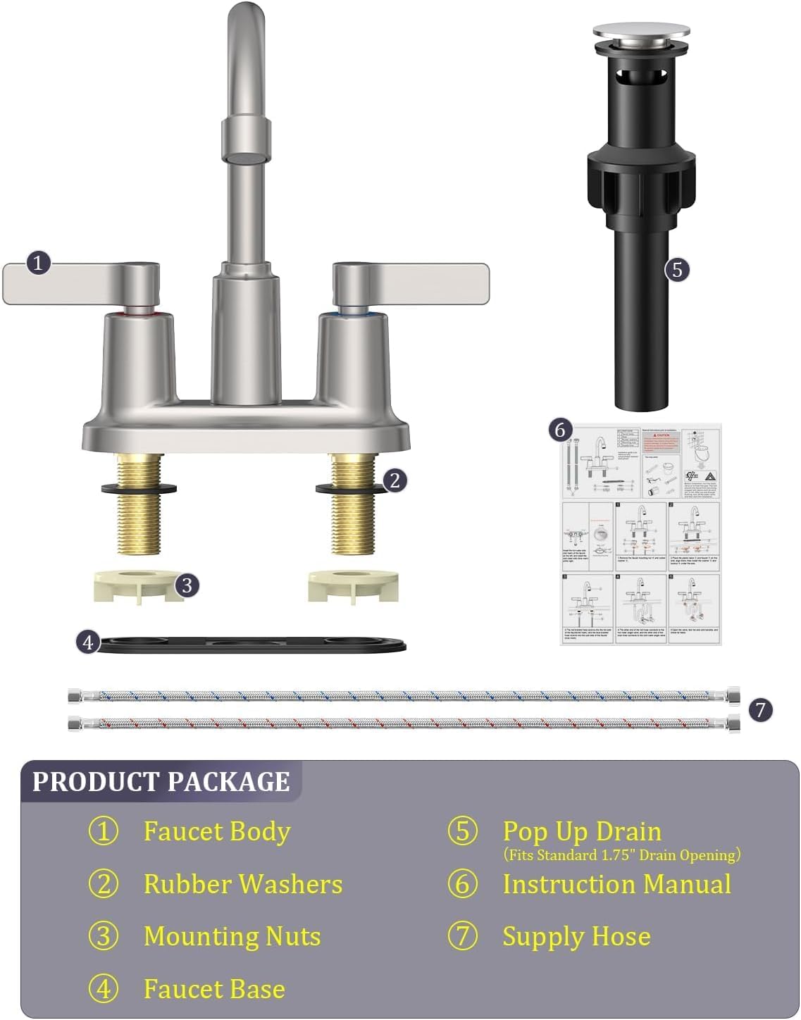 2 Pack Bathroom Faucets for Sink 3 Hole, Evolvegoods 4 Inch Brushed Nickel Bathroom Faucet with Pop Up Drain and 2 Supply Hoses, 2-Handle Centerset Faucet for Sink Vanity RV