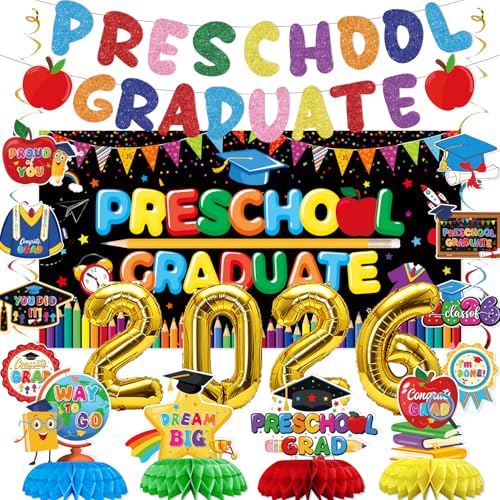 Preschool Graduation Decorations,Include Preschool Graduate Banner,Hanging Swirls,Backdrop,Honeycomb Centerpieces for Prek Graduation Congrats Grad Decorations.
