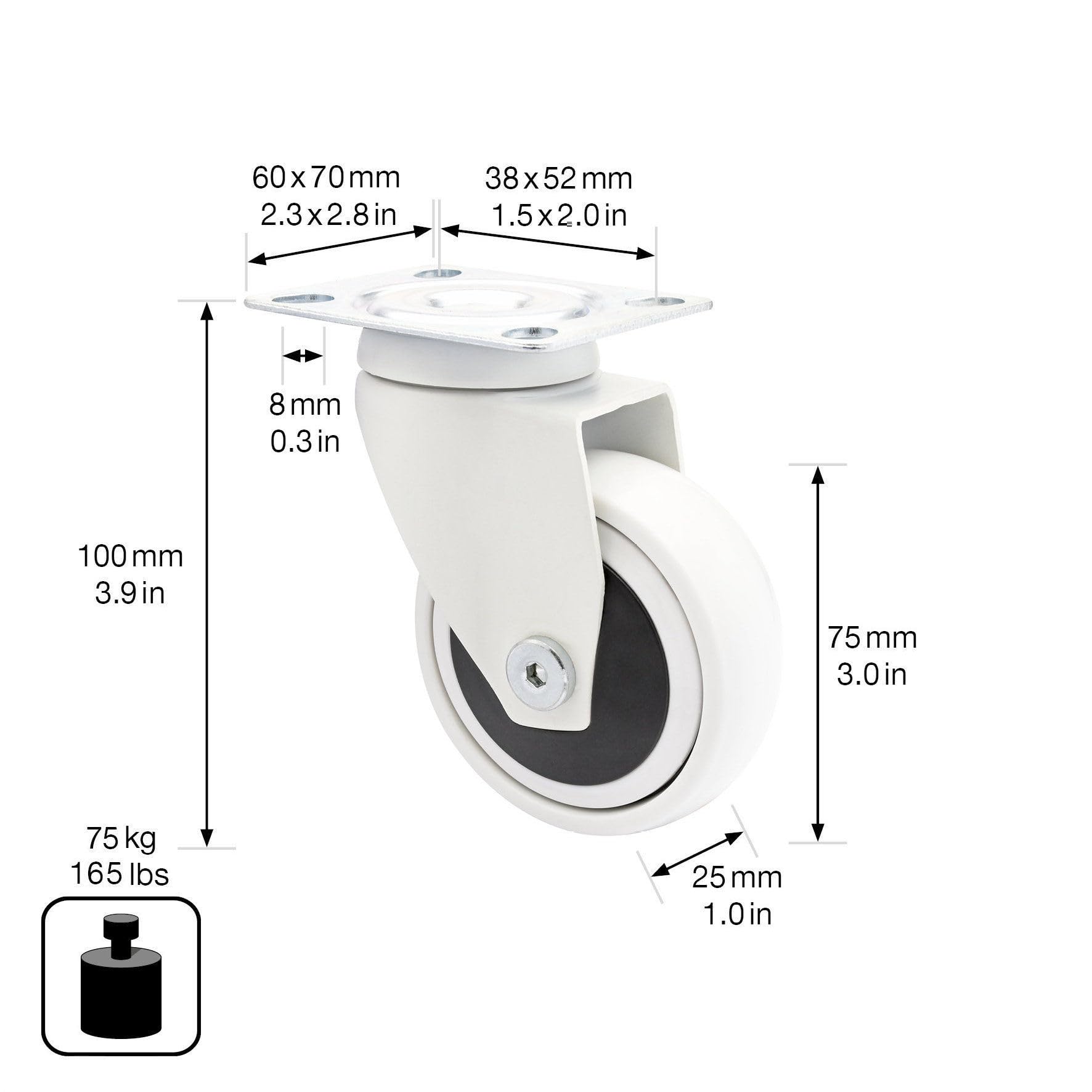 WAGNER design, 3C, swivel castor/furniture castor, white, soft tread, diameter diameter 75 mm, ball bearing - Image 2