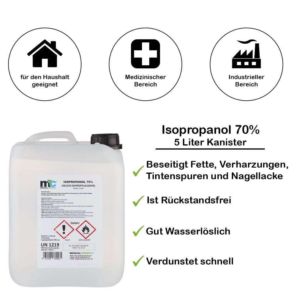 Medicalcorner24 Isopropanol 70% isopropylalkohol Garrafa de 4 x 5 l, Alcohol