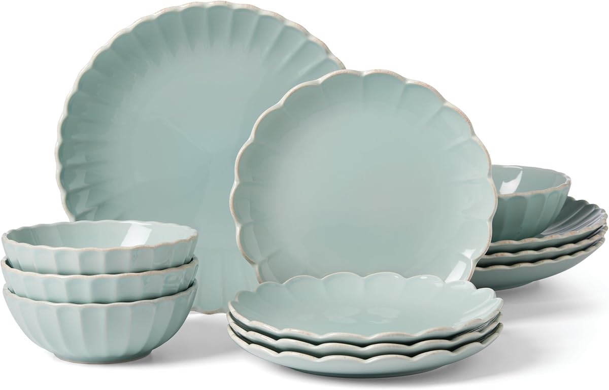 Juego de vajilla French Perle Scallop Ice Blue de 12 piezas para 4 | apto para lavavajillas, apto para microondas | juegos de platos y cuencos para cocina y comedor, vajillas, vajillas | 16 onzas