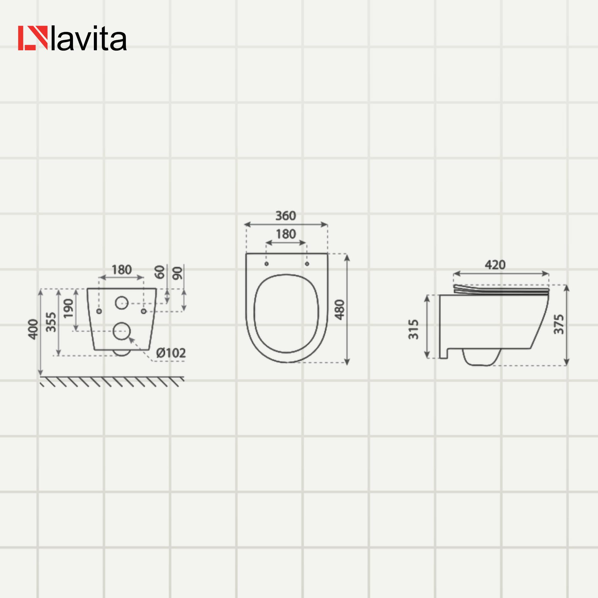 LAVITA Praia - WC sospeso, copriwater con abbassamento automatico e cerniere in metallo, senza bordo, 360 x 480 x 375 mm, bianco lucido