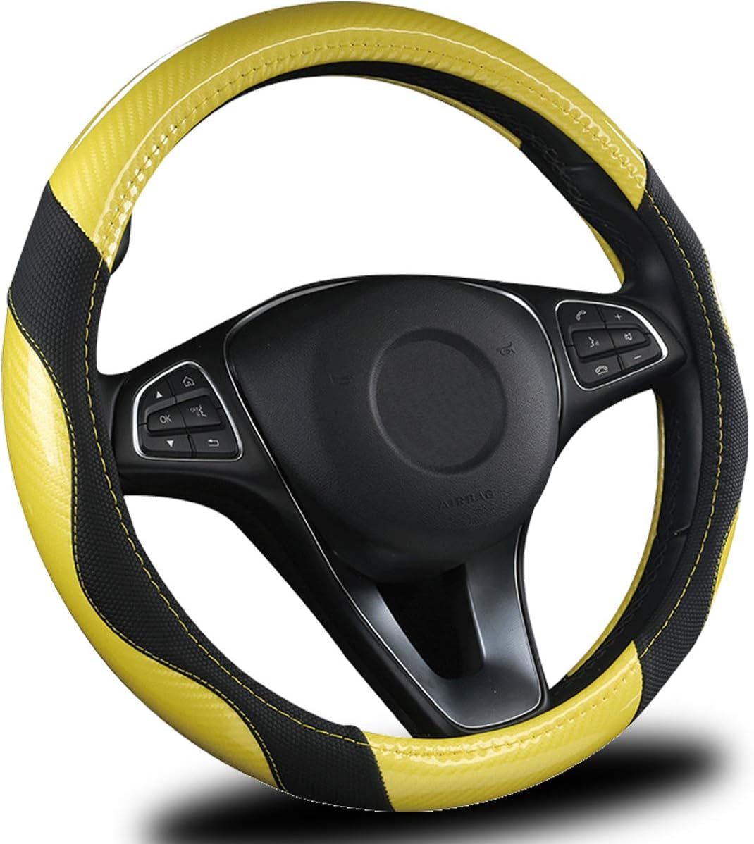 Steering Wheel Cover for Car, Universal 15 inch, Odorless, Breathable, Anti-Slip, Sporty, Soft and Snug Grip, Carbon Fiber Effect (Yellow | Black)