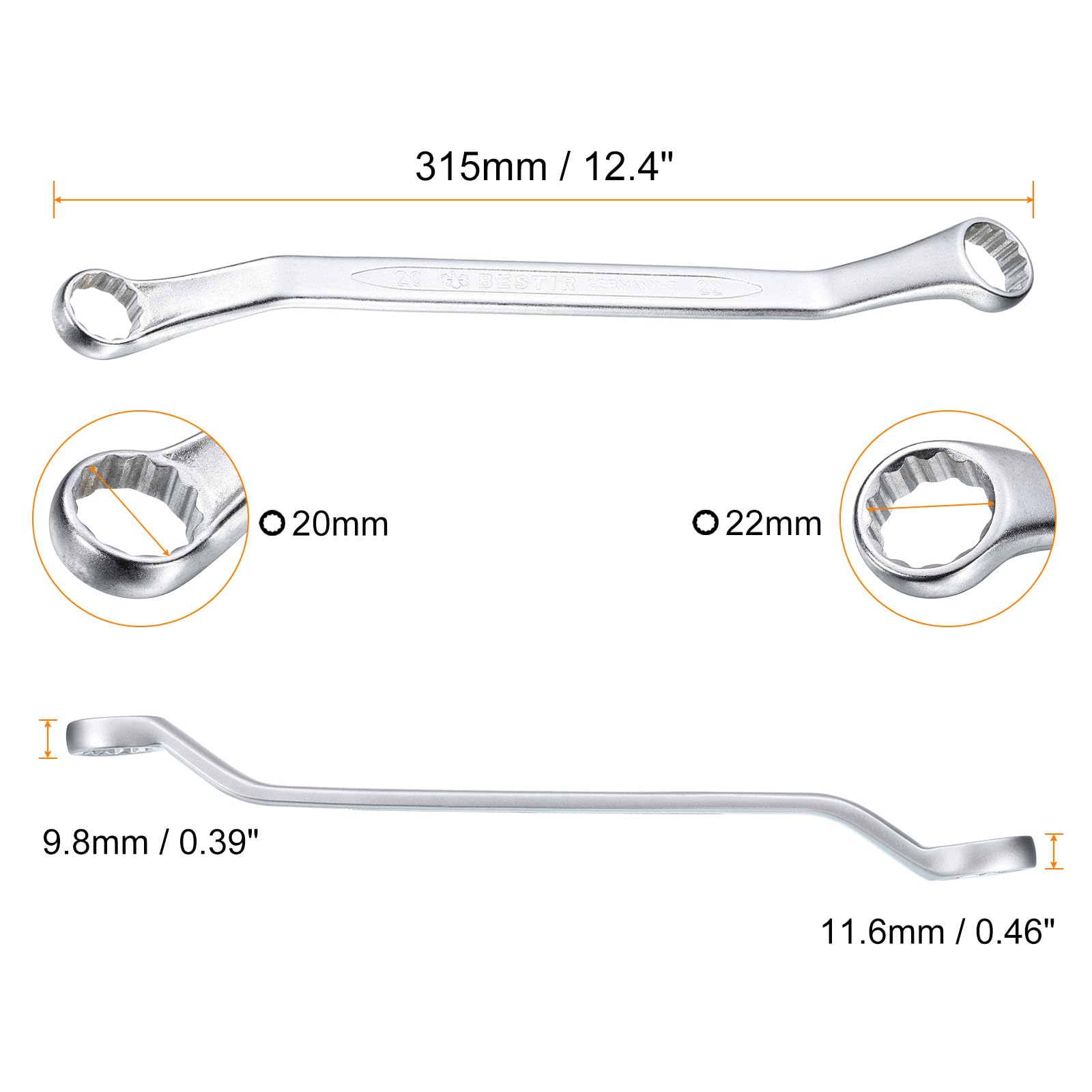 HARFINGTON 2pcs 45-Degree Offset Box End Wrench 20mm x 22mm 12 Point Metric CR-V Double Box End Wrench Chrome Vanadium Steel Long Offset Torx Box Wrench for Automotive Home Repair Tool