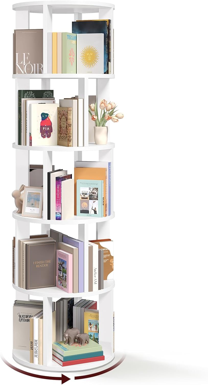 5-Tier Rotating Bookshelf, 360° Spinning Bookshelf Tower, Floor Standing Round Revolving Bookcase, Display Rack for Books, CDs, for Living Room, Study, Bedroom, White BKWT6501