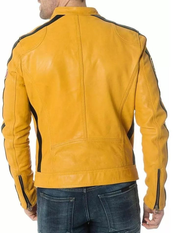 NEMS Men Pure Lambskin Yellow Leather Biker Motorcycle Café Racer Stripe Jacket Coat2
