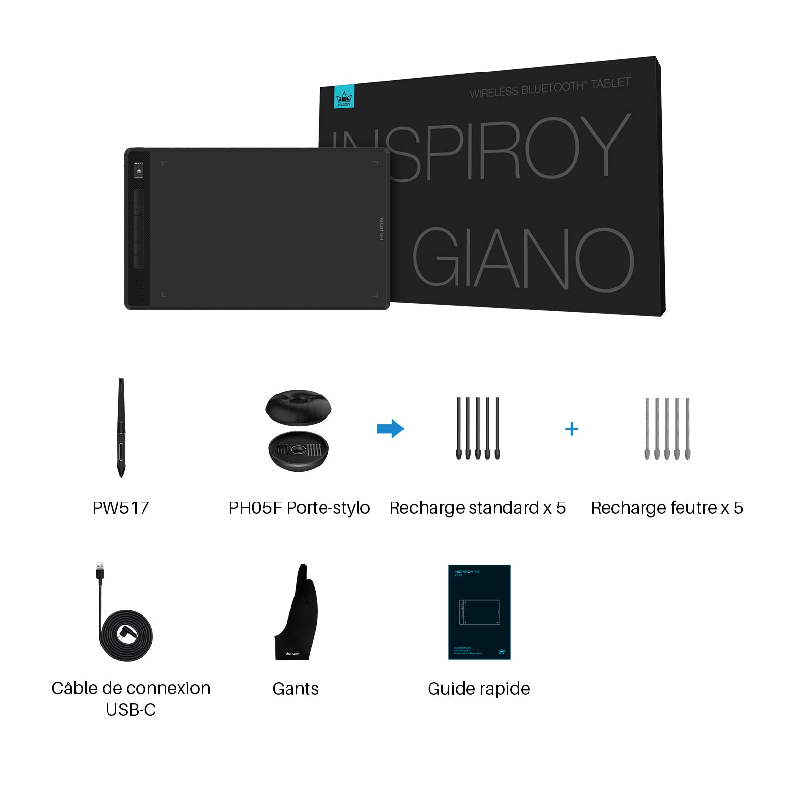 HUION Inspiroy Giano G930L Tablette Graphique sans Fil, Tablette de Dessin Numérique Con Bluetooth 5.0, avec Stylet Passif + 6 Touches de Raccourci, Compatible avec Windows Mac Android Chrome OS