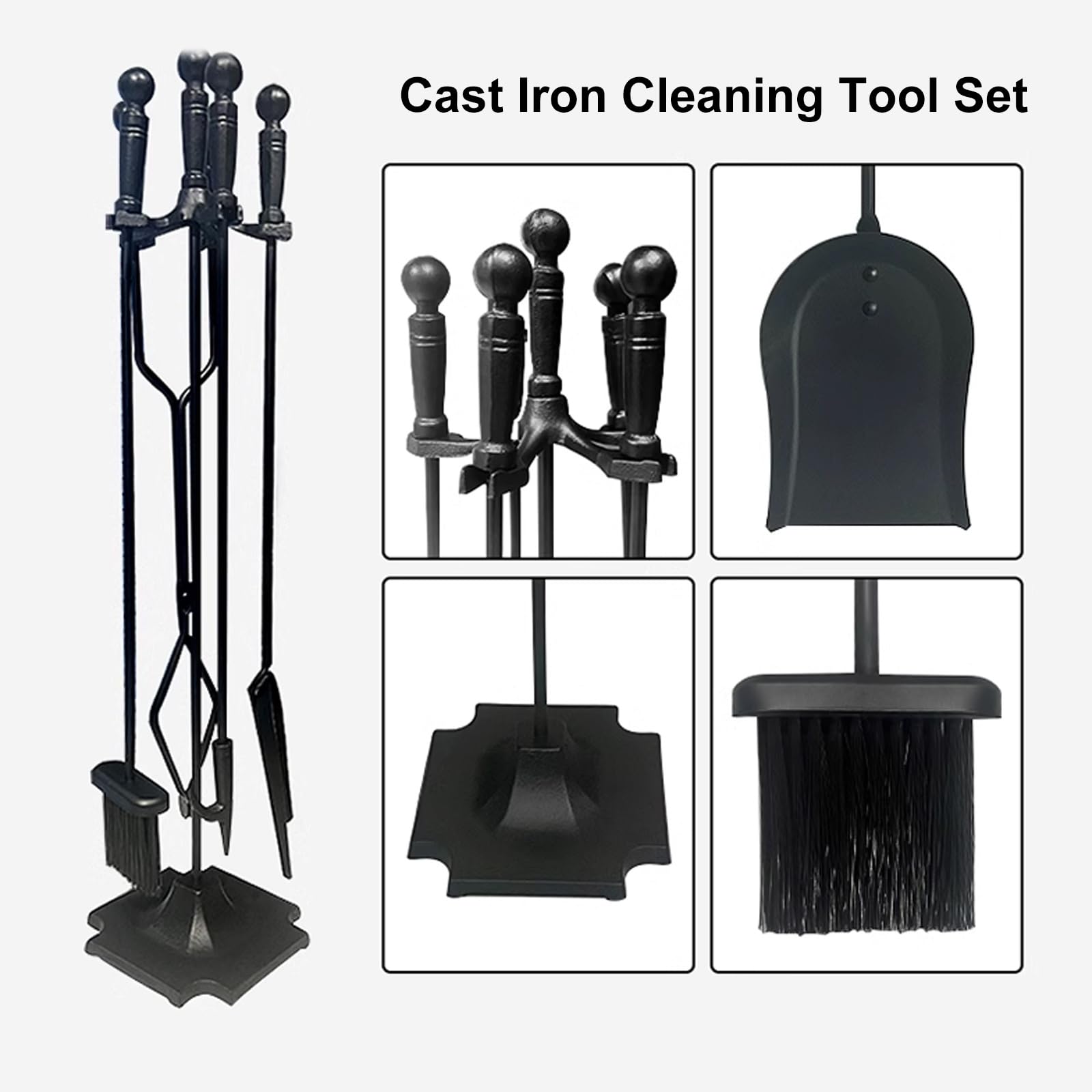 Set di attrezzi per caminetto con base di supporto, kit di accessori per camino, con spazzola, pala, pinza e attizzatoio in ferro battuto, con rastrelliera per camini grandi
