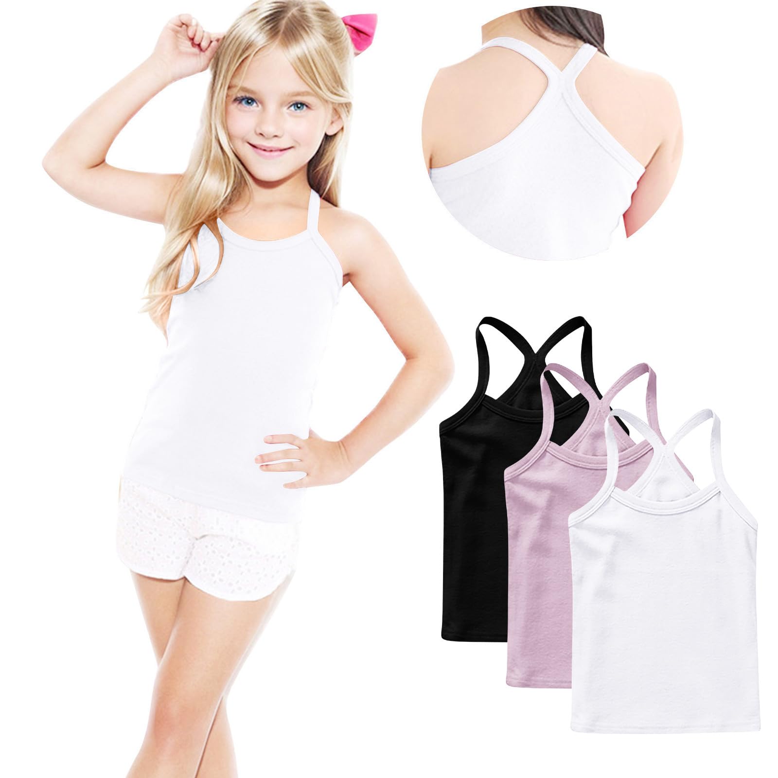 Lot de 3 maillots de corps pour fille - En coton - Débardeur à bretelles - Pour l'été - Sans manches - Décontracté - Bretelles spaghetti - Couleur unie