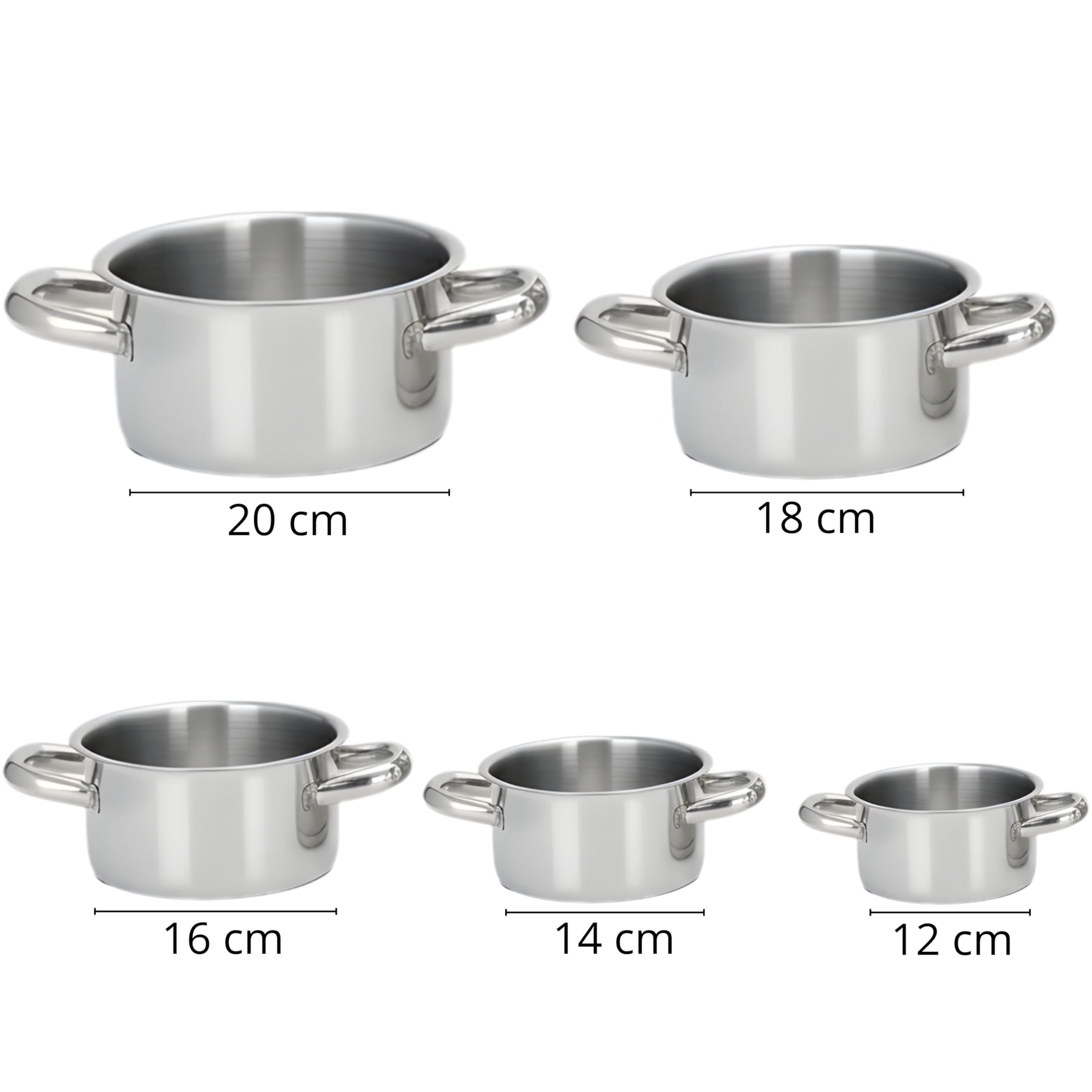 Yasta Batteria da Cucina 5 Pezzi - Set Pentole in Acciaio Inox per Induzione e Gas - Casseruole con Fondo Triplo Strato (Ø 12, 14, 16, 18, 20 cm) - Lavabile in Lavastoviglie