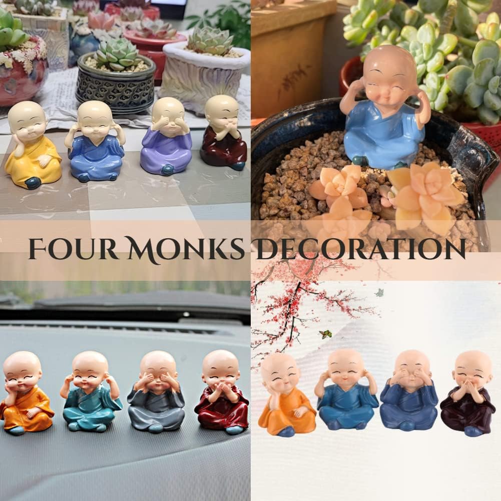 Set Di 4 Statuette Buddha Monaci Cinesi In Resina – Portafortuna Per Auto O Scrivania – 5 Cm