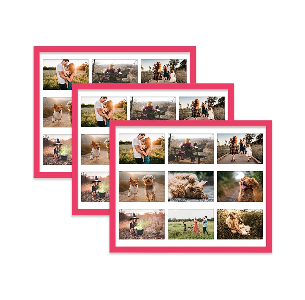Bright Pink Multi Photo Frame - Holds 9 x 6x4 Pictures, Family Collage Picture Frame for Wall Display, 20x16 Frame size, Set of 3