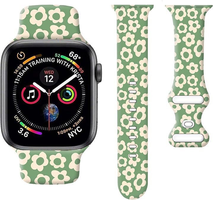 Vintage Green Groovy Flowers Sport Watch Bands Compatible with Apple Watch Band 38mm 40mm 41mm for Women Men, Adjustable Soft Silicone Replacement Smartwatch Wristband for iWatch Series 7 6 5 4 3 2 1 SE