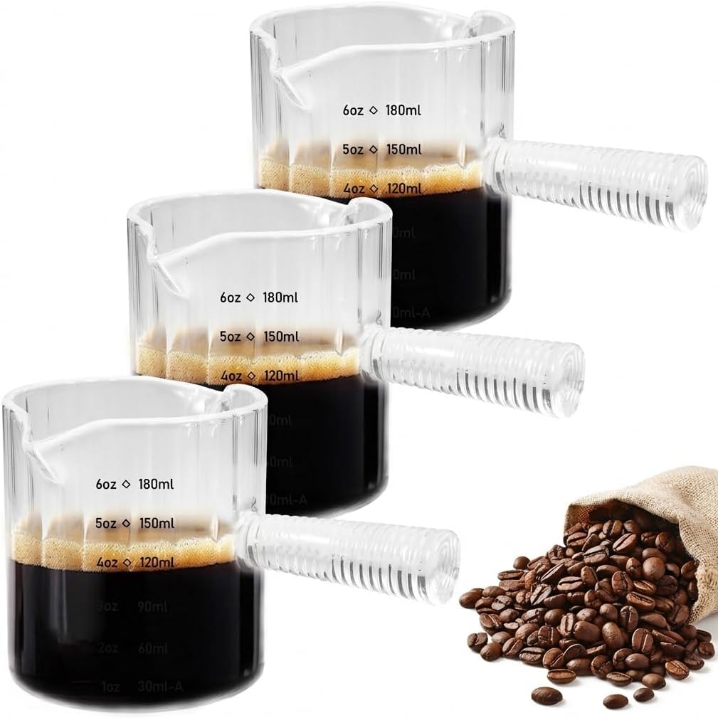 3 Pack Expresso Shots Cup - 6 OZ Glass Espresso Cup with V Shaped Spout, Clear Ribbed Measuring Cups with Scale and Glass Handle, Double Spouts Large Coffee Cups for Coffee Milk (Double Spout)