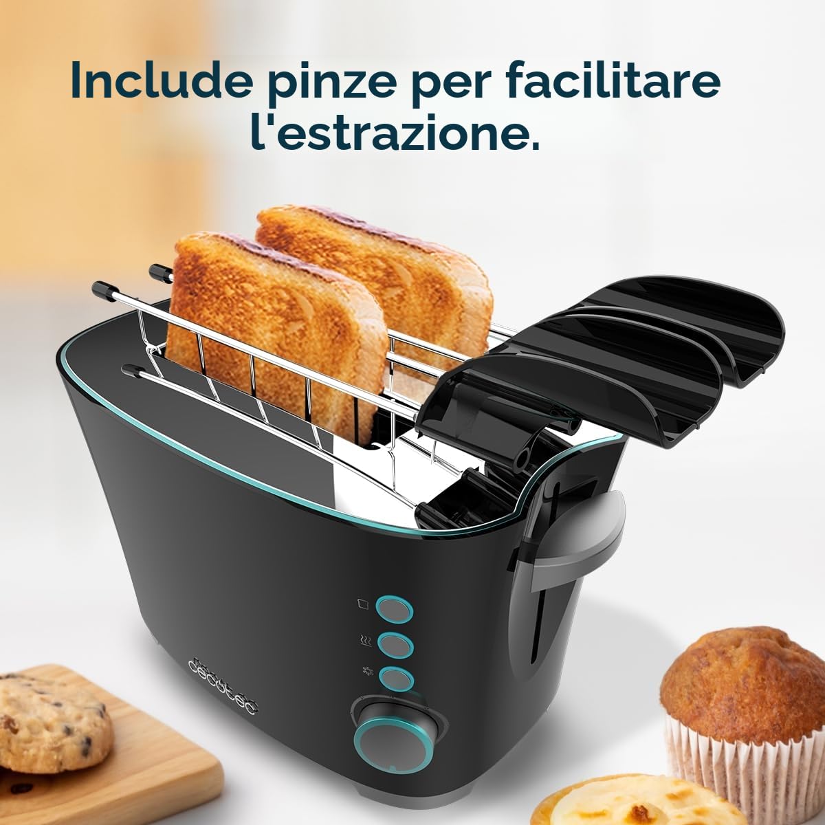 Cecotec Toast&Taste Double B, 650 W di potenza, doppia scanalatura per 2 toast, spegnimento e pop-up automatico, raccogli briciole, sistema di estrazione, include pinzette