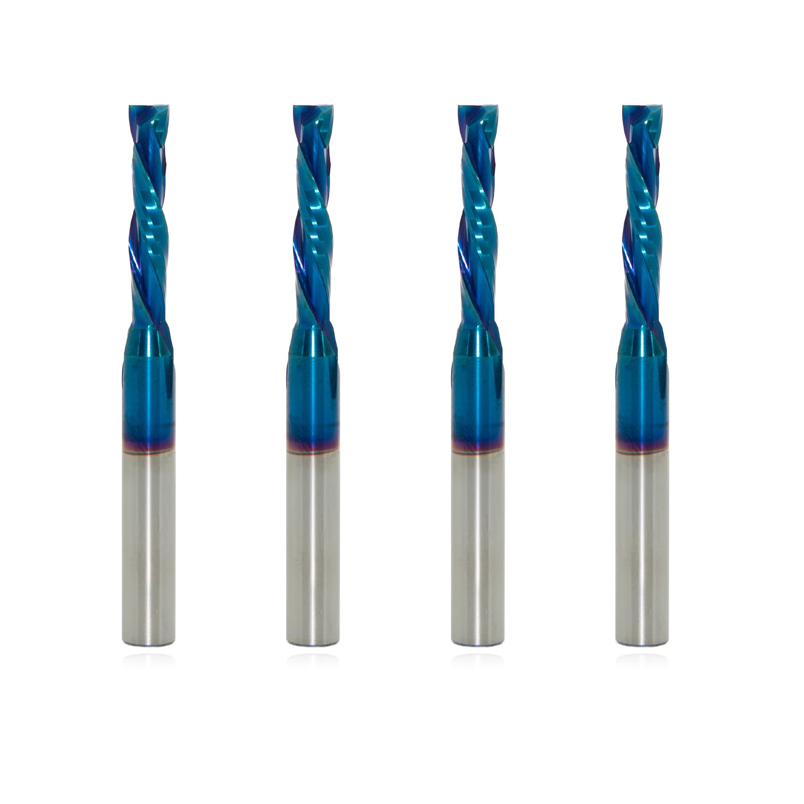 Lot de 4 fraises à défoncer à compression en carbure de tungstène à 2 cannelures, diamètre de coupe de 1,5 cm, longueur de coupe de 2,5 cm, tige de 6,35 mm, OVL de 6,3 cm, nano-revêtement