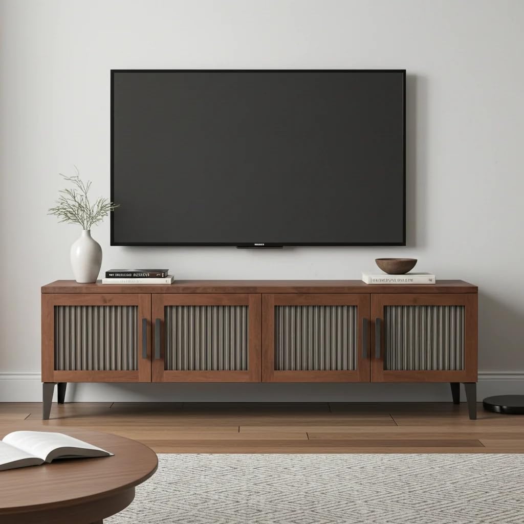 Solid Mango Wood Fluted TV Unit with 4 Doors Modern Entertainment Center for Living Room Wooden Media Console-image-18