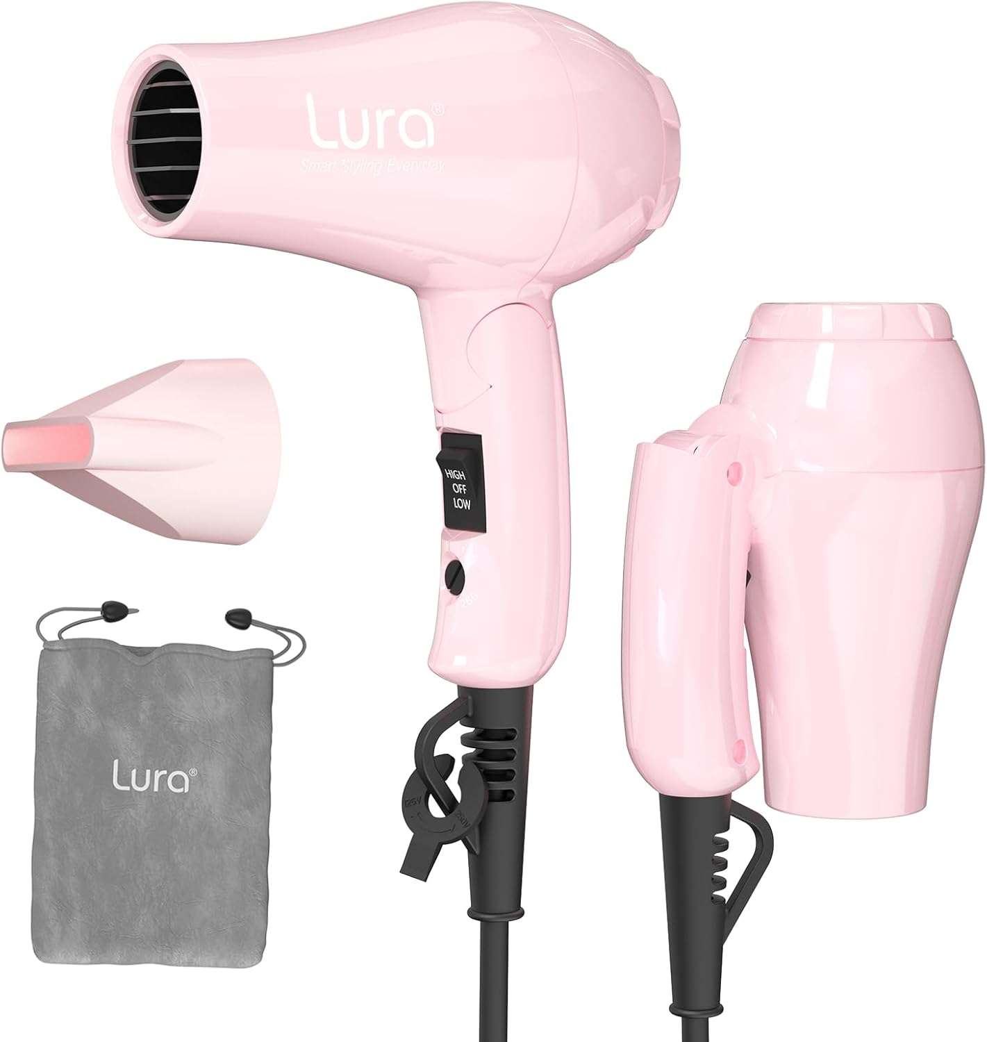 Foldable Travel Hair Dreyr Mini:Dual Voltage Small Lightweight Blow Dryer for International Travel,1200w Compact Hairdryer with Concentrator and Travel Bag(Light Pink)