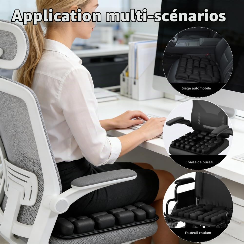Coussin d'assise anti-escarres gonflable anti-escarres 45 x 40 cm Noir Coussin anti-escarres avec cellules d'air 3D pour soulager le coccyx au bureau, voiture, fauteuil roulant, voyage