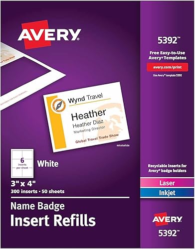 Avery Recambios de inserción de insignia con nombre, cartulina, 3 x 4 pulgadas, blanco