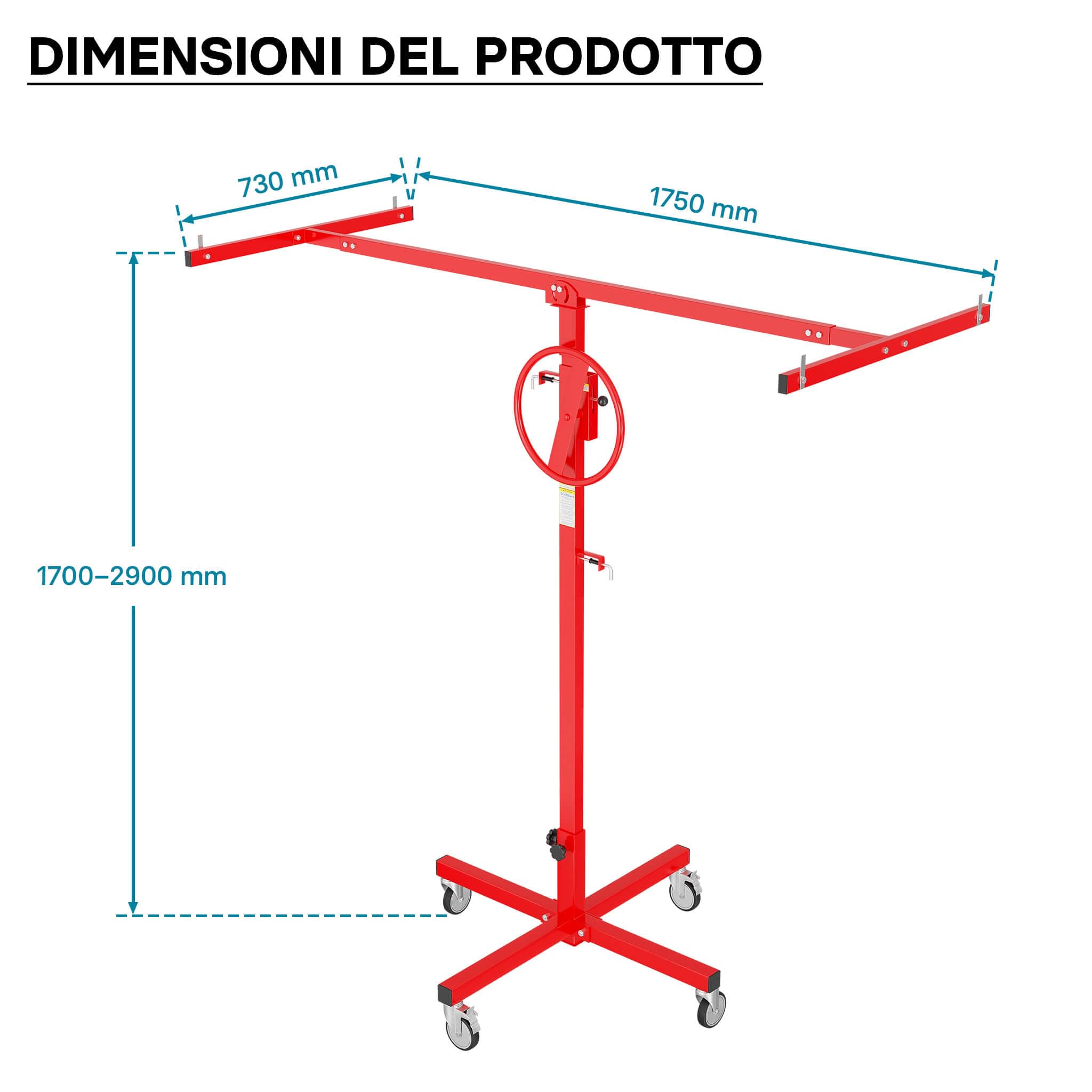 XPOtool Alzalastre per cartongesso fino a max. 40 kg, altezza 170-290 cm, ausilio di montaggio per cartongesso, sollevatore per pannelli a 4 ruote con freno di stazionamento