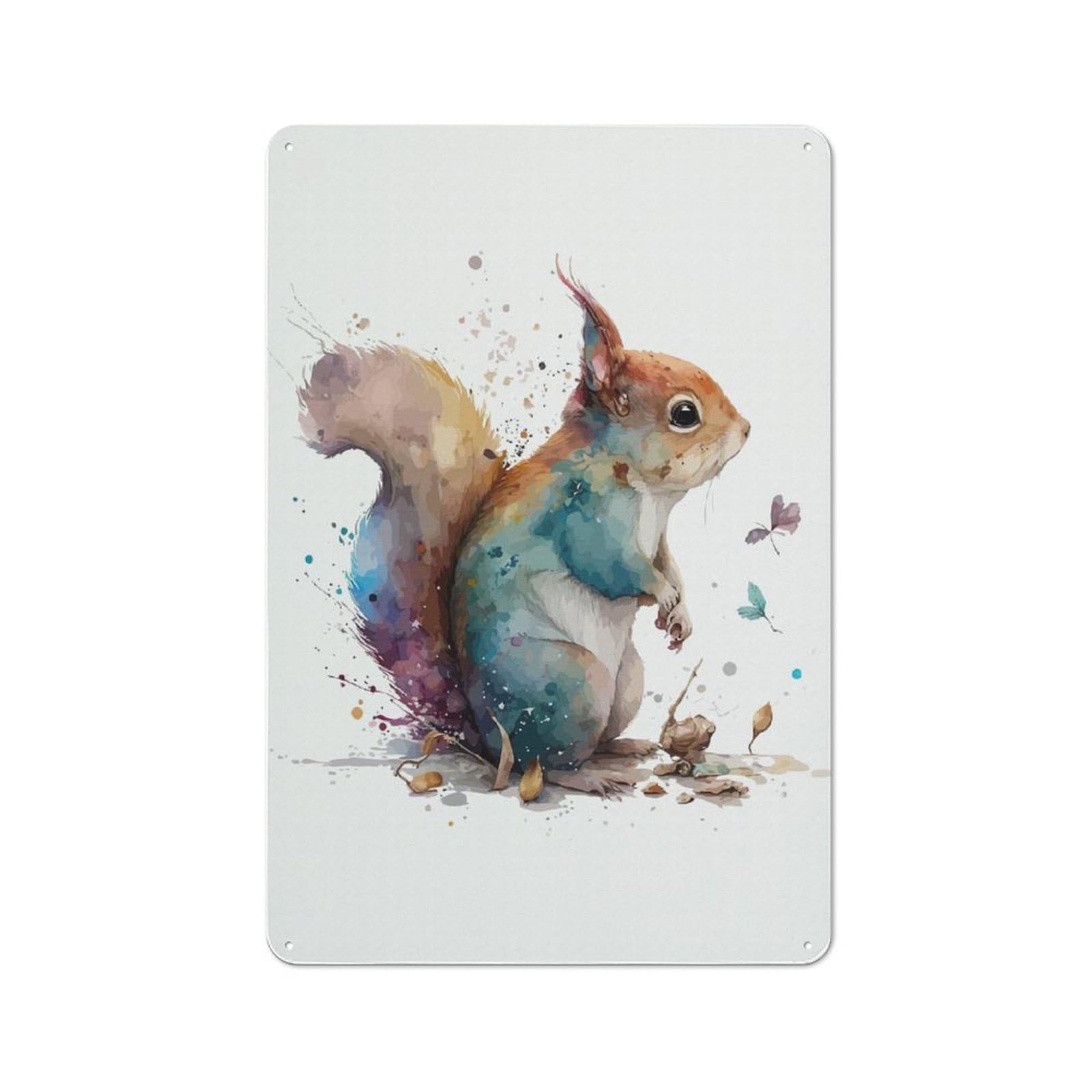 Squirrel in Watercolor Cottage Style Metal Wall Decor 30x20cm, Farmhouse Metal Sign for Kitchen, Cottage, Porch Or Garden Room