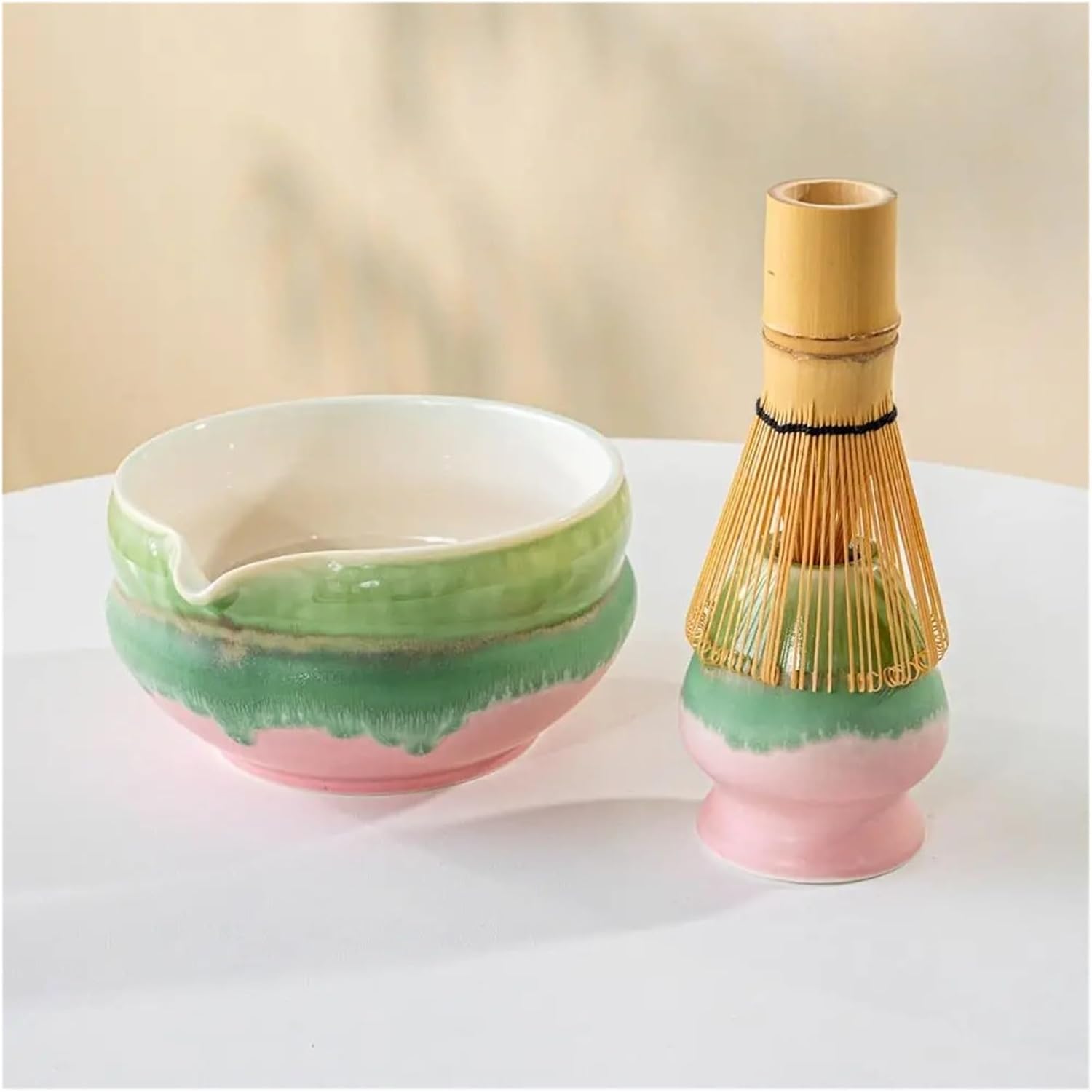 Ceramic Matcha Bowl Reusable Multicolored Making Kit With Pouring Spout Tea Set Lovers(Pink-2pcs)