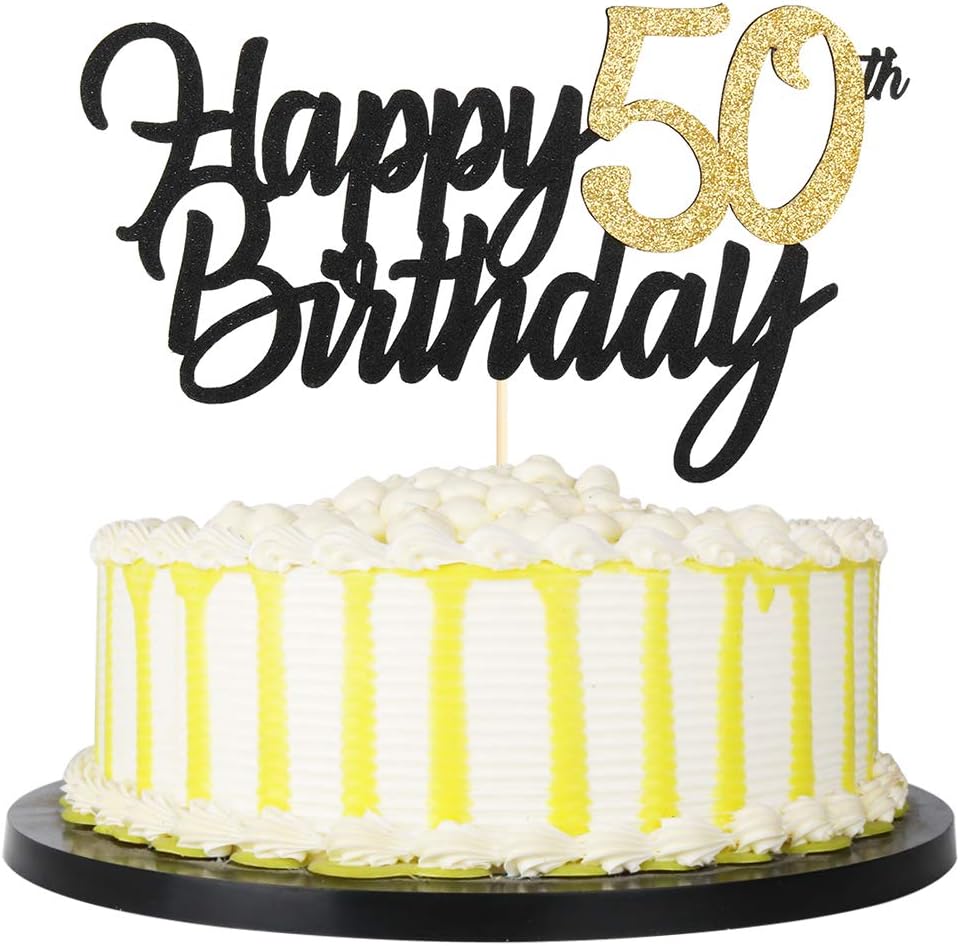 PALASASA Black Gold Glitter Happy Birthday cake topper - 50 Anniversary/Birthday Cake Topper Party Decoration (50th)