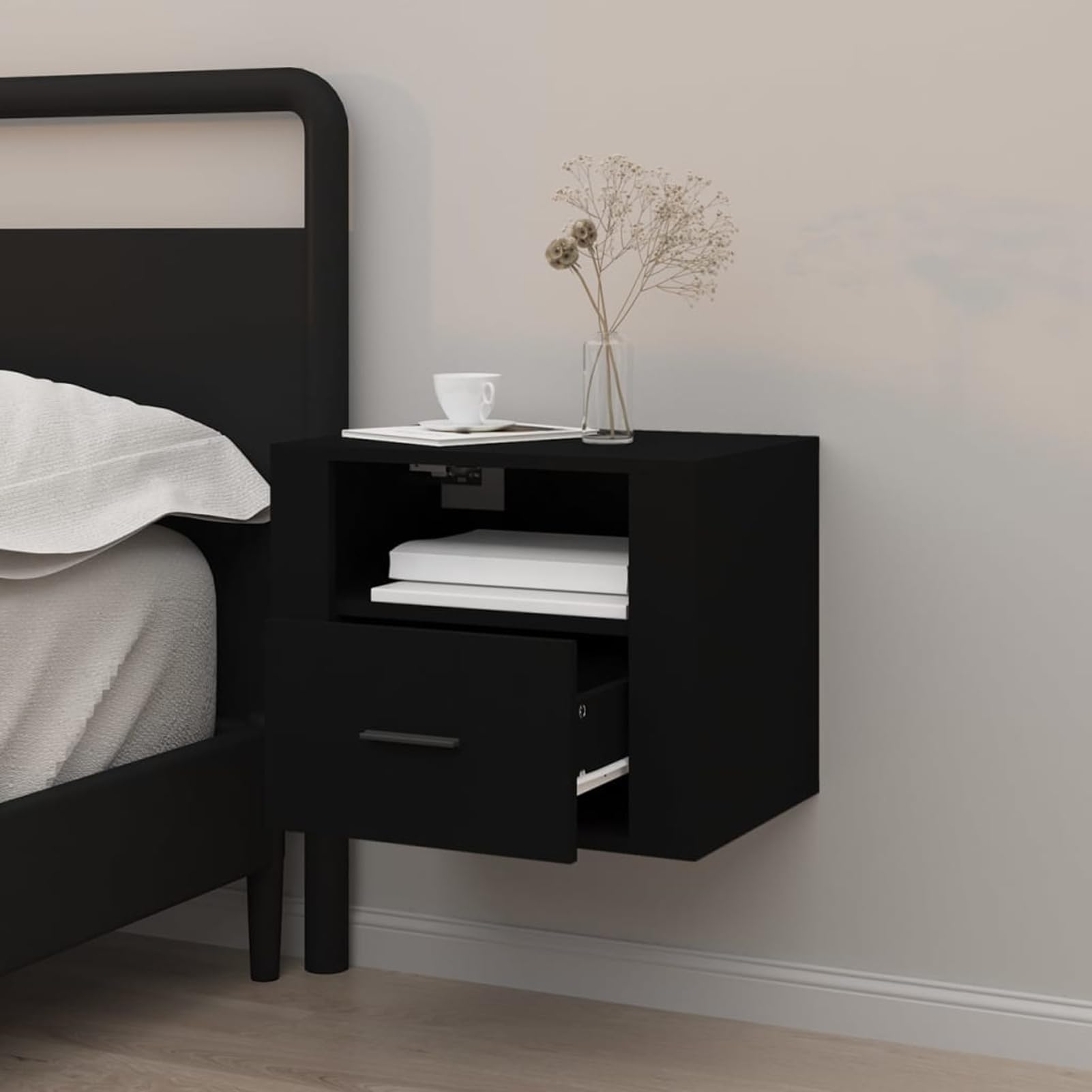 Gecheer Comodino da parete, nero, 50 x 36 x 40 cm, tavolino galleggiante con cassetto e mensola, comodino armadio laterale sospeso supporto per telefono per camera da letto, soggiorno