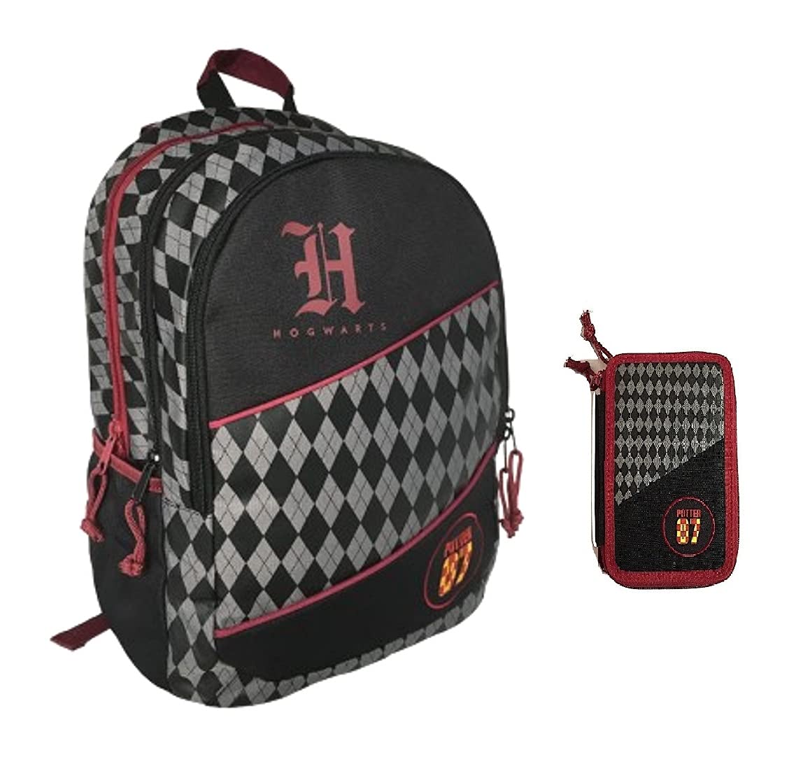 Scuola Zaino Hogwarts nero Tondo 3 Scomparti + astuccio 3 piani completo + omaggio portachiave gioco cubo e penna colorata