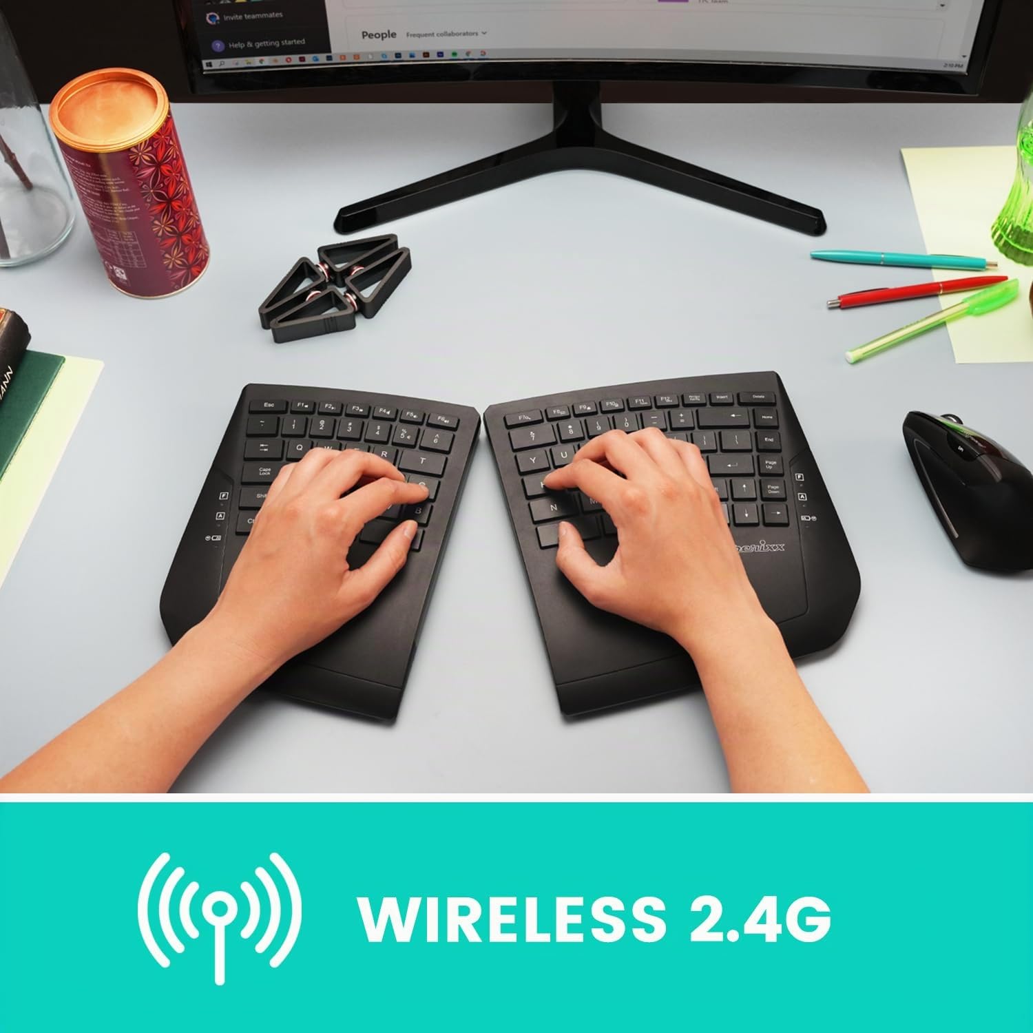 Perixx PERIBOARD-624B - Tastiera wireless ergonomica, con due metà separate, layout QWERTY UK