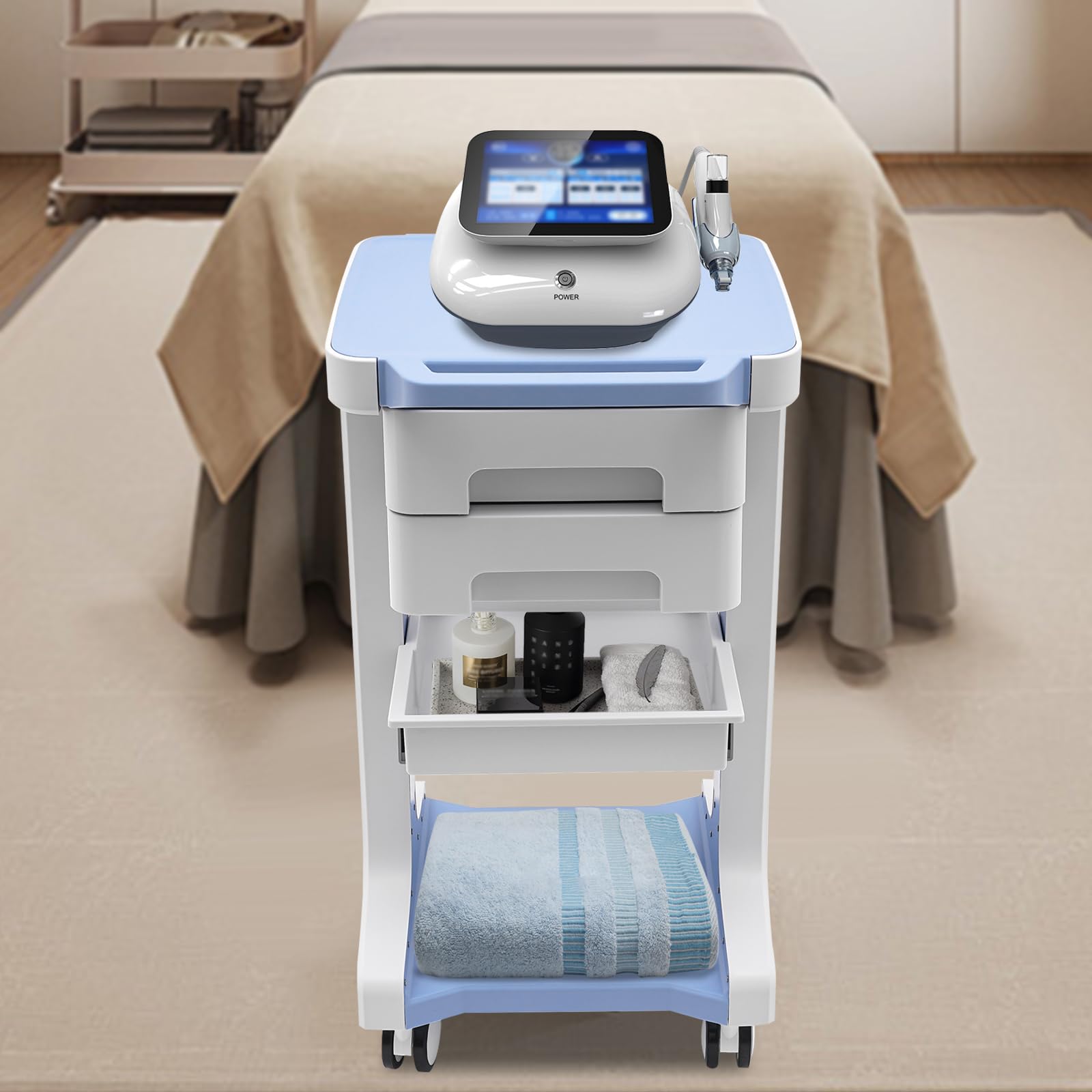 Carrello da laboratorio, carrello medico con 2 cassetti e 4 ruote, carrello cosmetico, carrello da lavoro, carrello medico, portata 50 kg