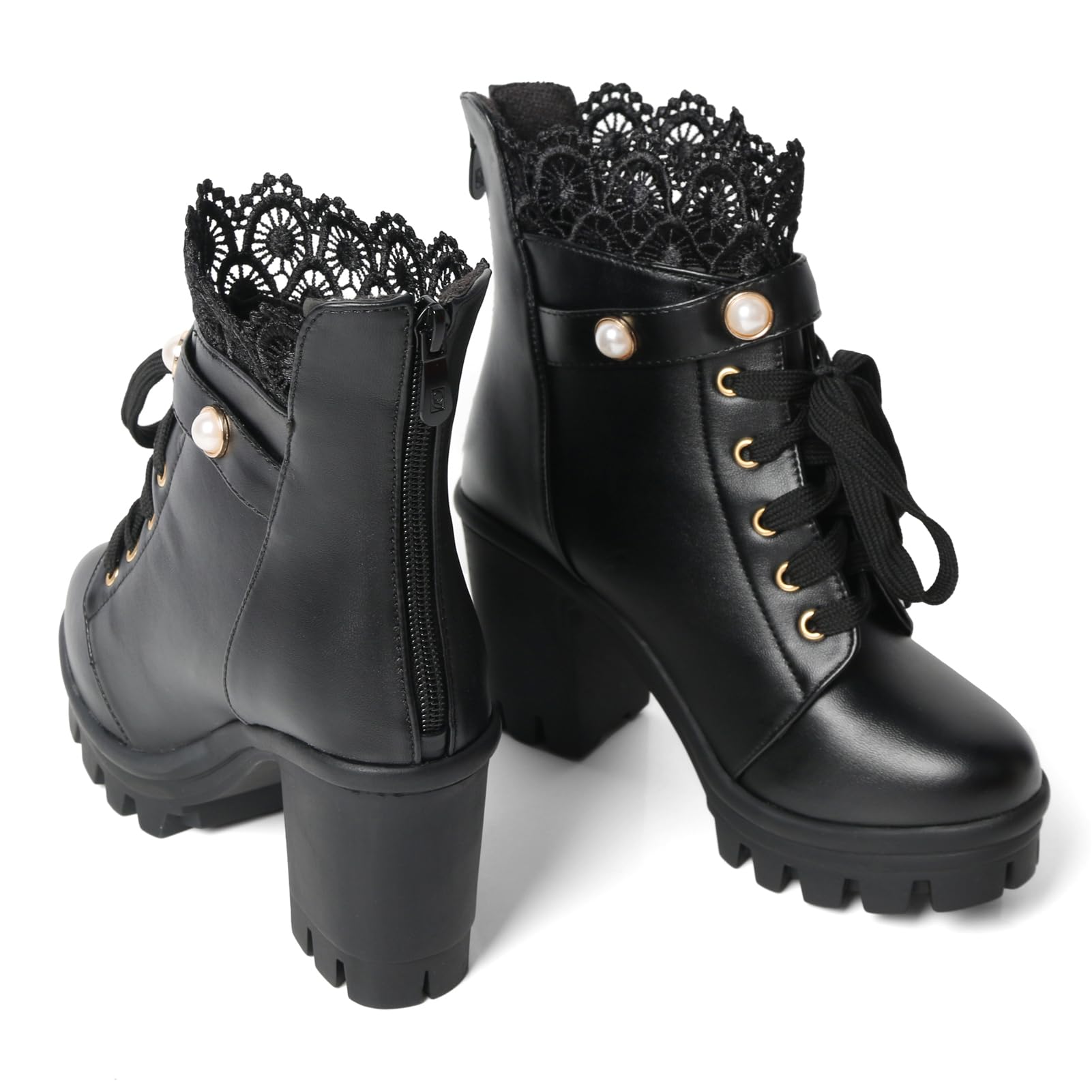 FOREADA Platform Boots Goth Combat Boots for Women Black Chunky Heel Ankle Booties Bead Lace Victorian Boot Bead Punk Gothic Shoes Lolita Dress Shoes With Zipper: 5 Gothic Black