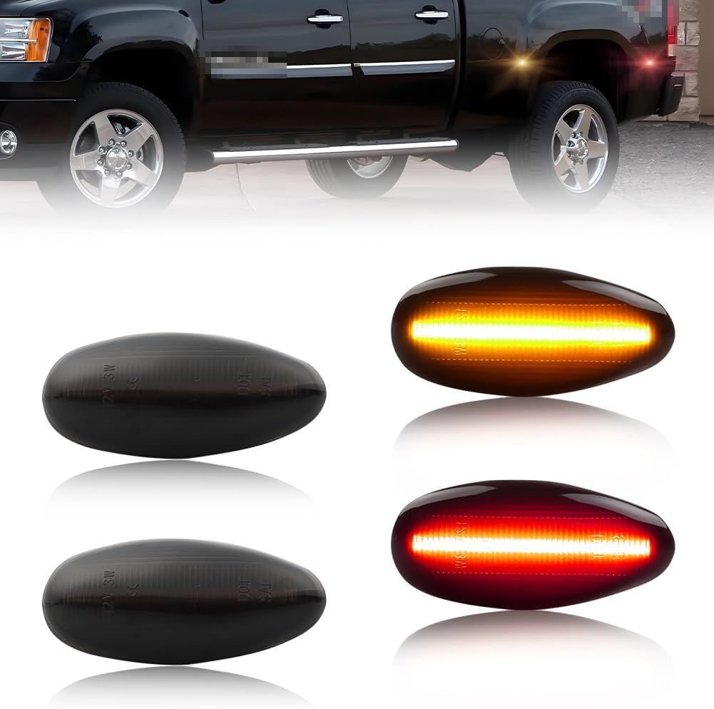 4 PCS Front & Rear Dually Fender LED Side Marker Lights for 2001-2014 Chevy Silverado 2500HD 3500HD, 1999-2014 GMC Sierra 2500HD 3500HD, Smoked Lens Amber & Red Dual Rear Wheel Bed Marker Lamps