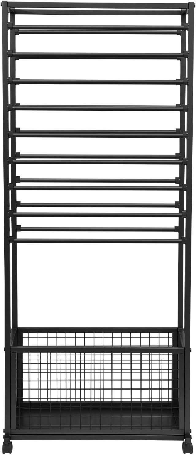 20 Tier Double-Sided Ribbon Holder Organizer Rack with Wheels, Metal Storage Stand for Wrapping Paper, Scarves, Fabric, Black Color, 26.38 x 12.6 x 66.93 Inches