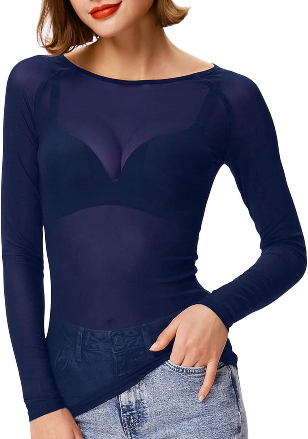 Women's Basic Long Sleeves Mesh Sheer Tops Navy X-Large