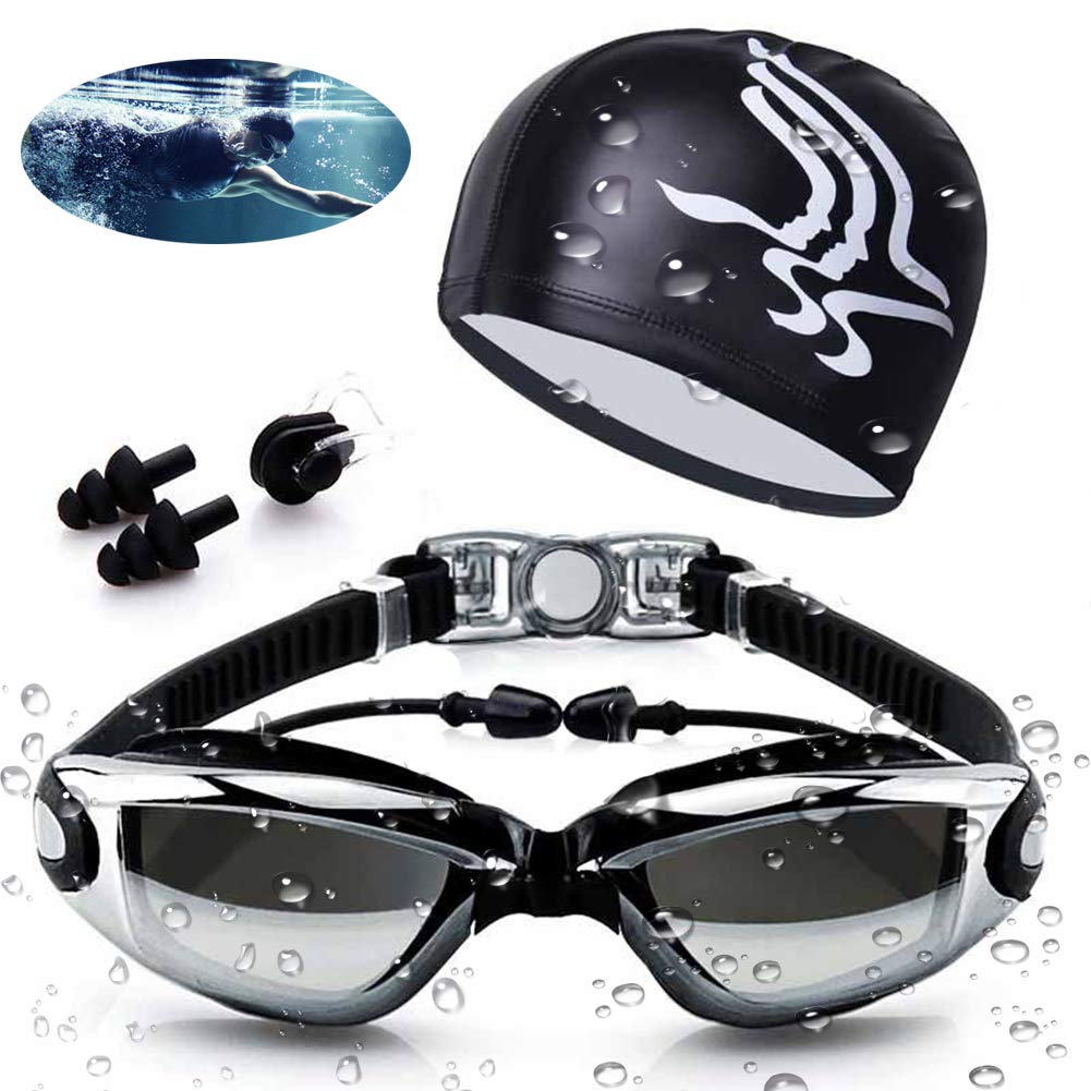 Aokelily Swim Goggles and Cap Set 4 in 1, UV 400 Protection Lenses Clear Anti-Fog Swimming Goggles Waterproof No Leaking with Nose Clip + Ear Plugs for Adult Men Women Kids (Black)