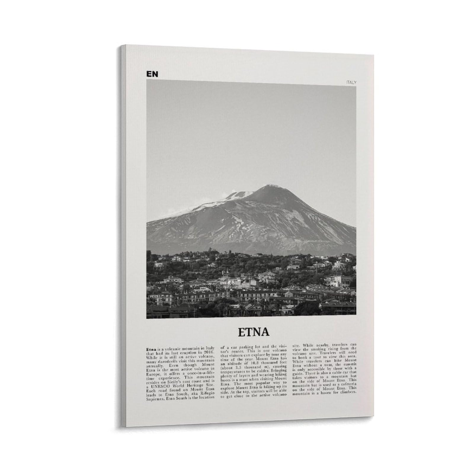 LZTEN Etna Print Black And White, Etna Wall Art, Etna Poster, Etna Photo, Etna Wall Décor, Etna Map, Italy Canvas Wall Art Poster Framed 24x36inch